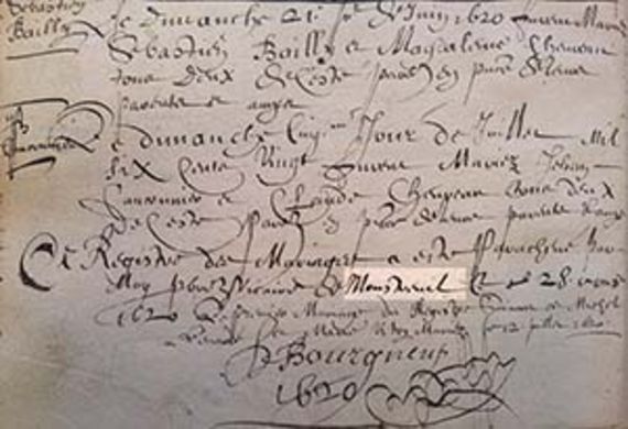 Acte de mariage de 1620, extrait du registre des baptêmes, mariages et sépultures, de 1596 à 1620, série GG © Archives municipales de la ville de Montreuil