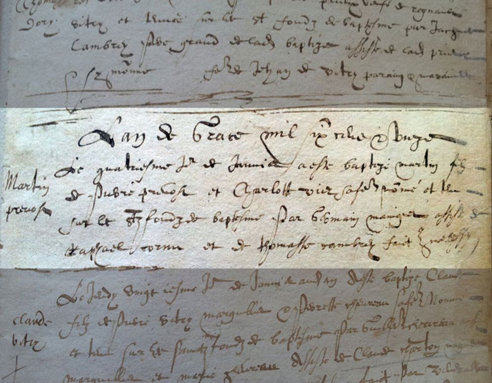 Acte de naissance de Martin Prévost (extrait du registre paroissial) 1596-1620 ©Archives municipales de Montreuil