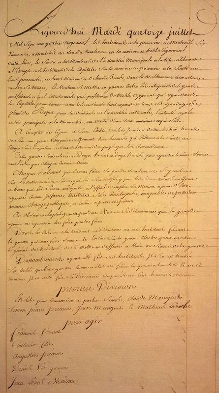 Acte du 14 juillet 1789, créant la garde villageoise, extrait du Registre de la Garde nationale, bataillon de Montreuil, 14 juillet 1789 - 7 août 1791 ©Archives municipales de la ville de Montreuil