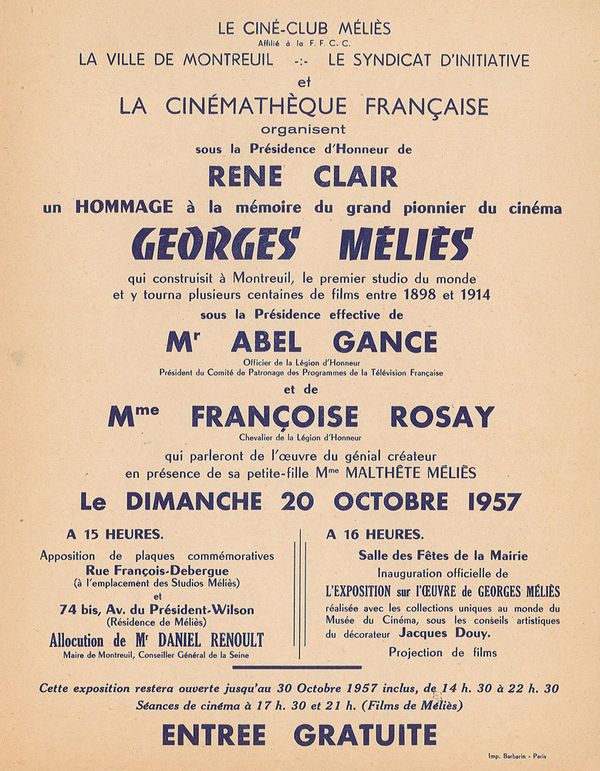 Affiche annonçant une soirée spéciale en hommage à George Méliès, le 20 octobre 1957 ©Archives municipales de la ville de Montreuil