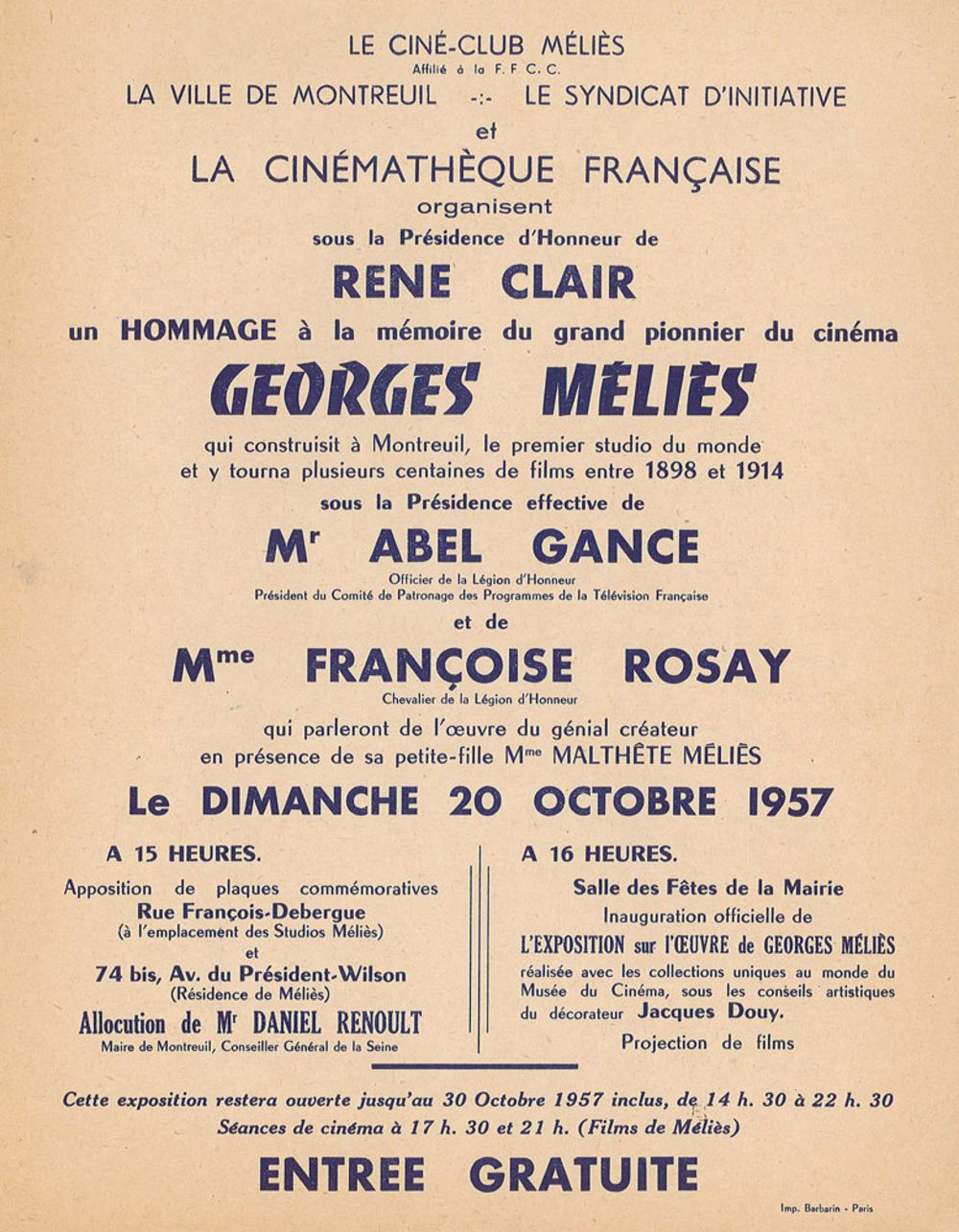 Affiche annonçant une soirée spéciale en hommage à George Méliès, le 20 octobre 1957 ©Archives municipales de la ville de Montreuil