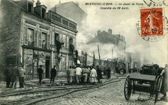 L’incendie de l’usine JEP, le 28 avril 1909 (carte postale) ©Coll. Musée de l’Histoire vivante