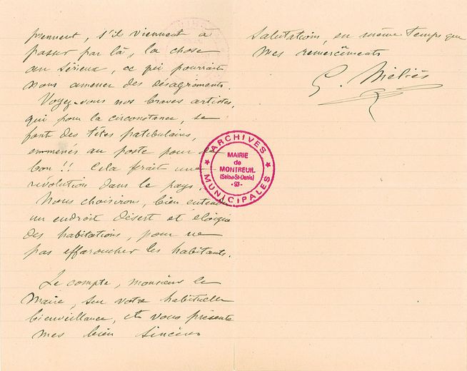 Lettre manuscrite de George Méliès, datant du 3 avril 1906 ©Archives municipales de la ville de Montreuil