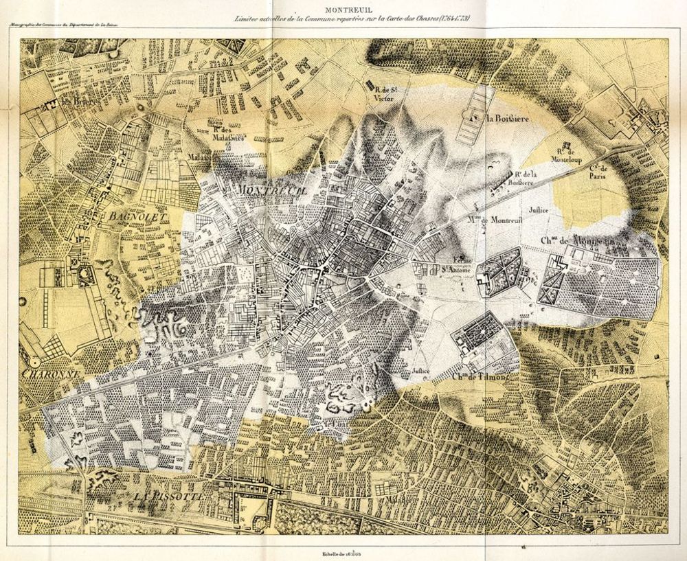 Les limites de Montreuil (1764-1773), extraite de l’État des communes à la fin du XIXe siècle : Montreuil : Notice historique et renseignements administratifs, 1906 (carte des chasses) © Coll. Musée de l’Histoire vivante