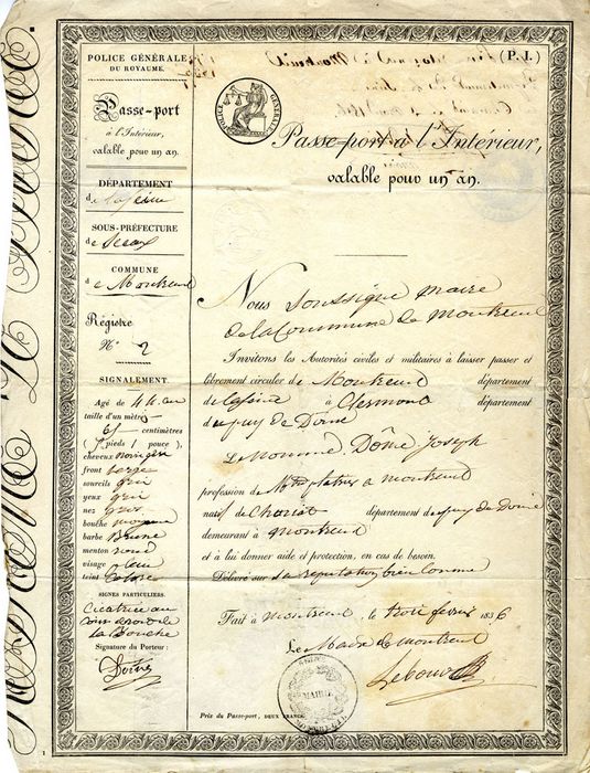 Passeport délivré en 1836 à un plâtrier montreuillois, lui permettant de passer les portes de Montreuil et de circuler dans la ville ©Coll. Musée de l'Histoire vivante