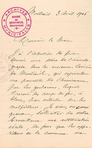 Lettre manuscrite de George Méliès, datant du 3 avril 1906 ©Archives municipales de la ville de Montreuil