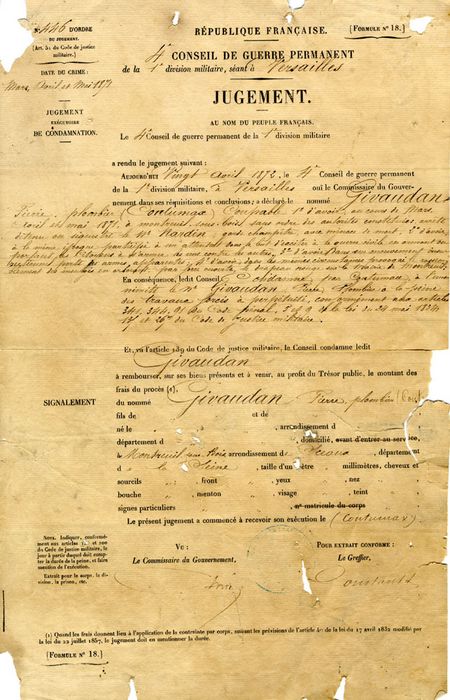Lettre de jugement de 1872 du conseil de guerre concernant Pierre Givaudan, un Montreuillois soutenant la Commune ©Coll. Musée de l’Histoire vivante