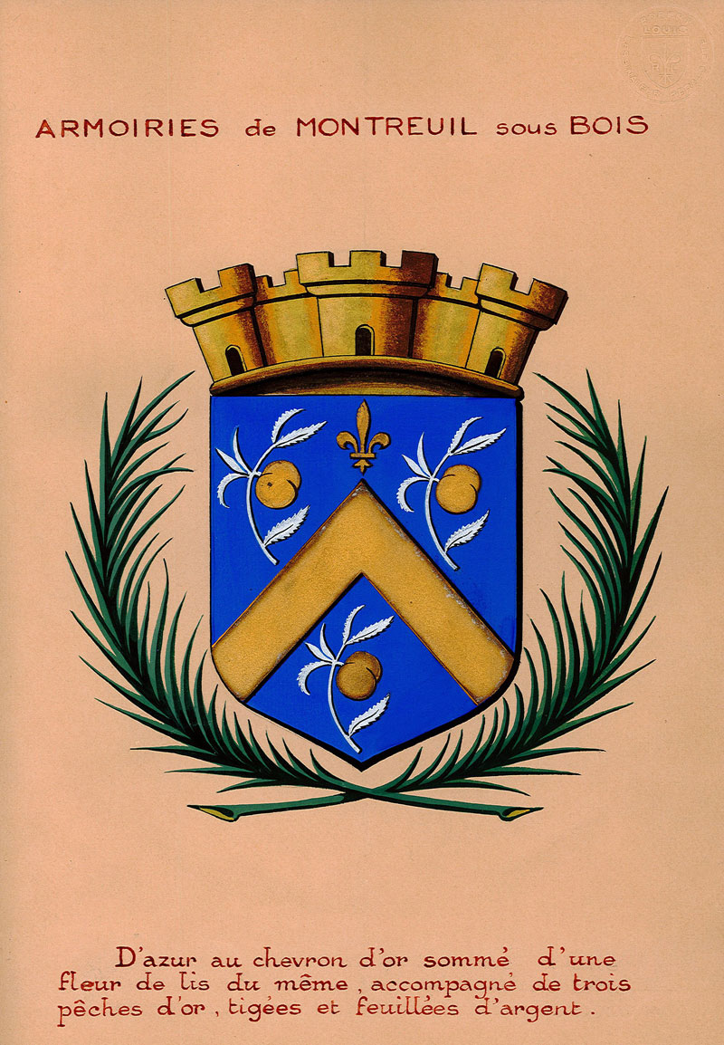 Blason officiel de Montreuil adopté en 1942 avec le poinçon de Robert Louis extrait d’un livre d’or de la ville de Montreuil (non daté) ©Archives municipales de Montreuil