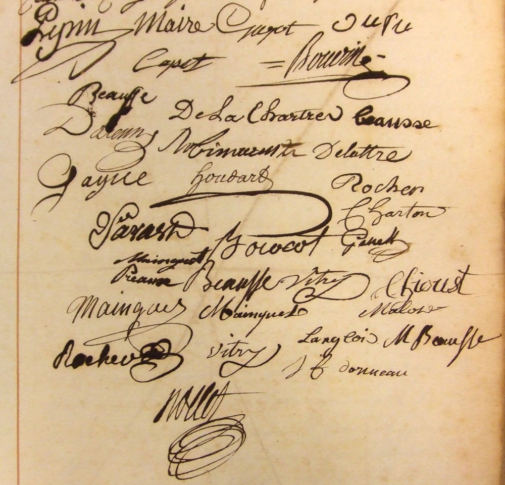 Signatures du premier maire, Pierre Pépin, et des membres du conseil général de la commune, extraite d’une délibération, registre de l’assemblée municipale, 1790-1793 ©Archives municipales de la ville de Montreuil