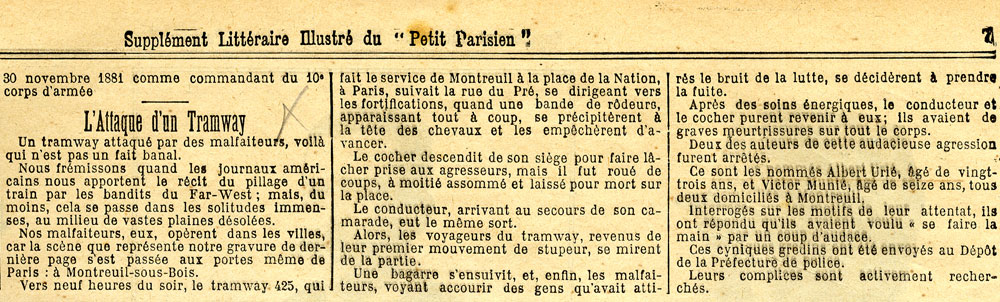 Article extrait du journal Le Petit Parisien du 3 janvier 1892 ©Le Petit Parisien / Coll. Musée de l’Histoire vivante