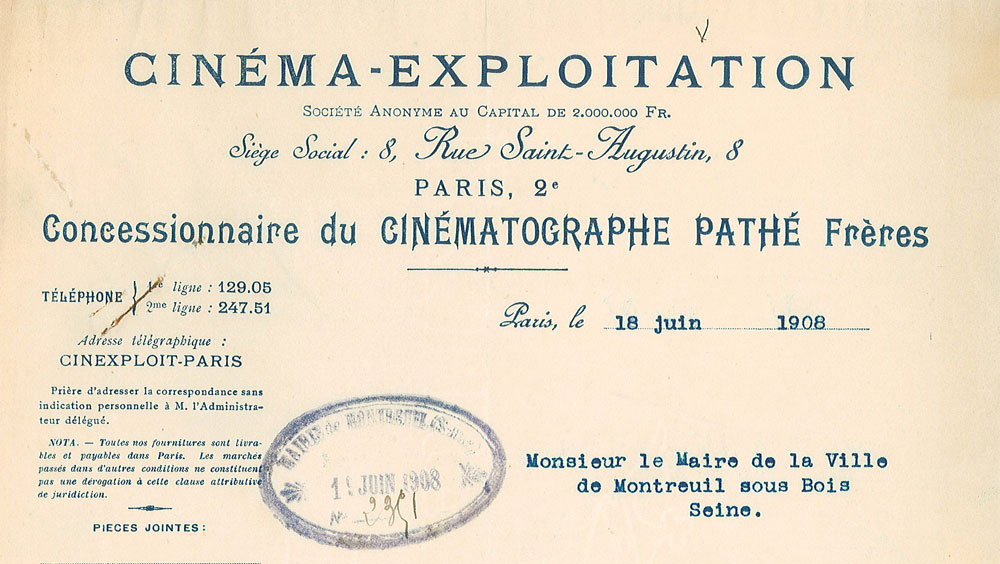 En-tête d’une lettre de l’entreprise Pathé Frère, 1908 ©Archives municipales de la ville de Montreuil