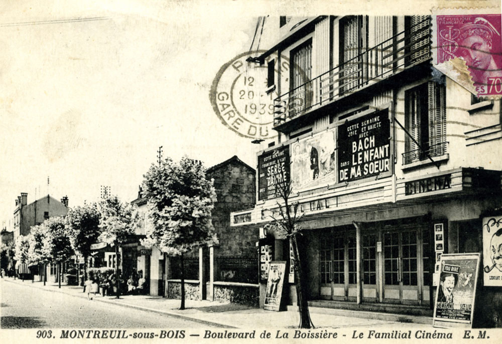Le Familial, cinéma à la Boissière en 1939, avec à l’affiche L’enfant de ma sœur et Serge Panine, avec notamment Pierre Renoir ©Coll. Musée de l’Histoire vivante